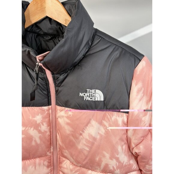North Face Cropped Saikuru Rose Pink Tie Dye Puffer Jacket Women’s L 12-14 Zip - Picture 5 of 16